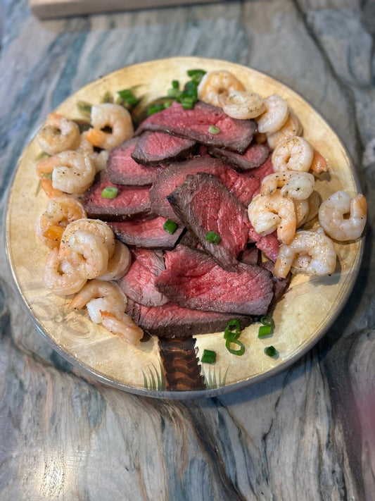 Marinated London Broil with Orange Shrimp - AroundTheWineCooler