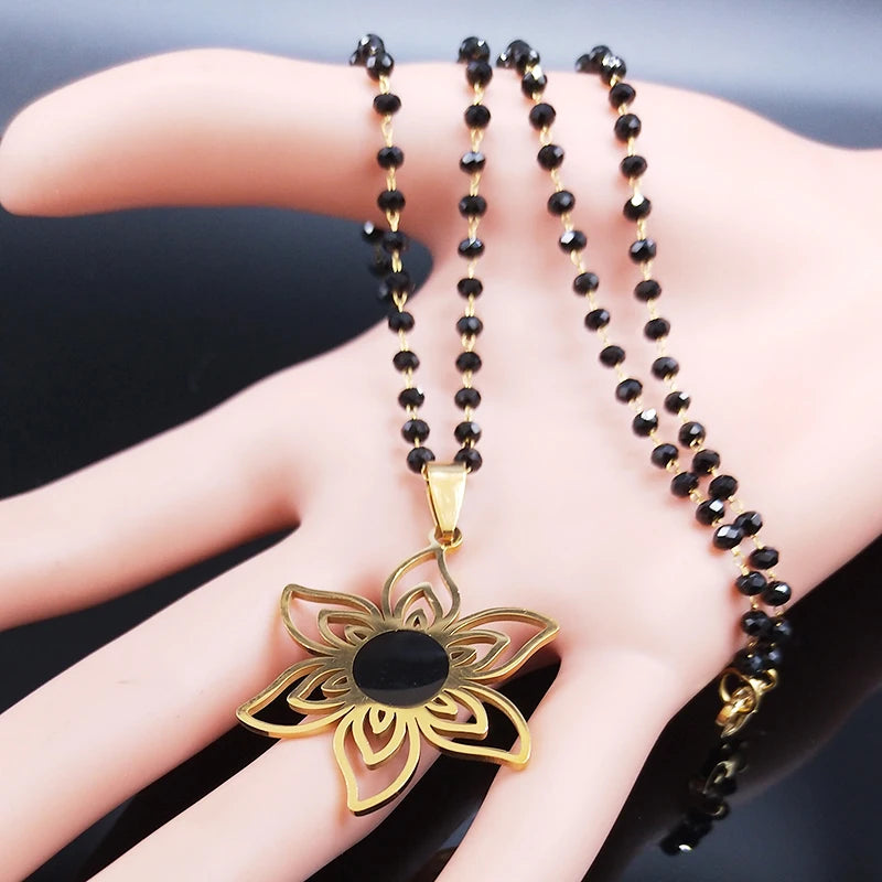 2023 Stainless Steel Gold Color Flower Necklace for Women Black Color Chain Necklace Jewerly Acero Inoxidable Joyeria N6358S03