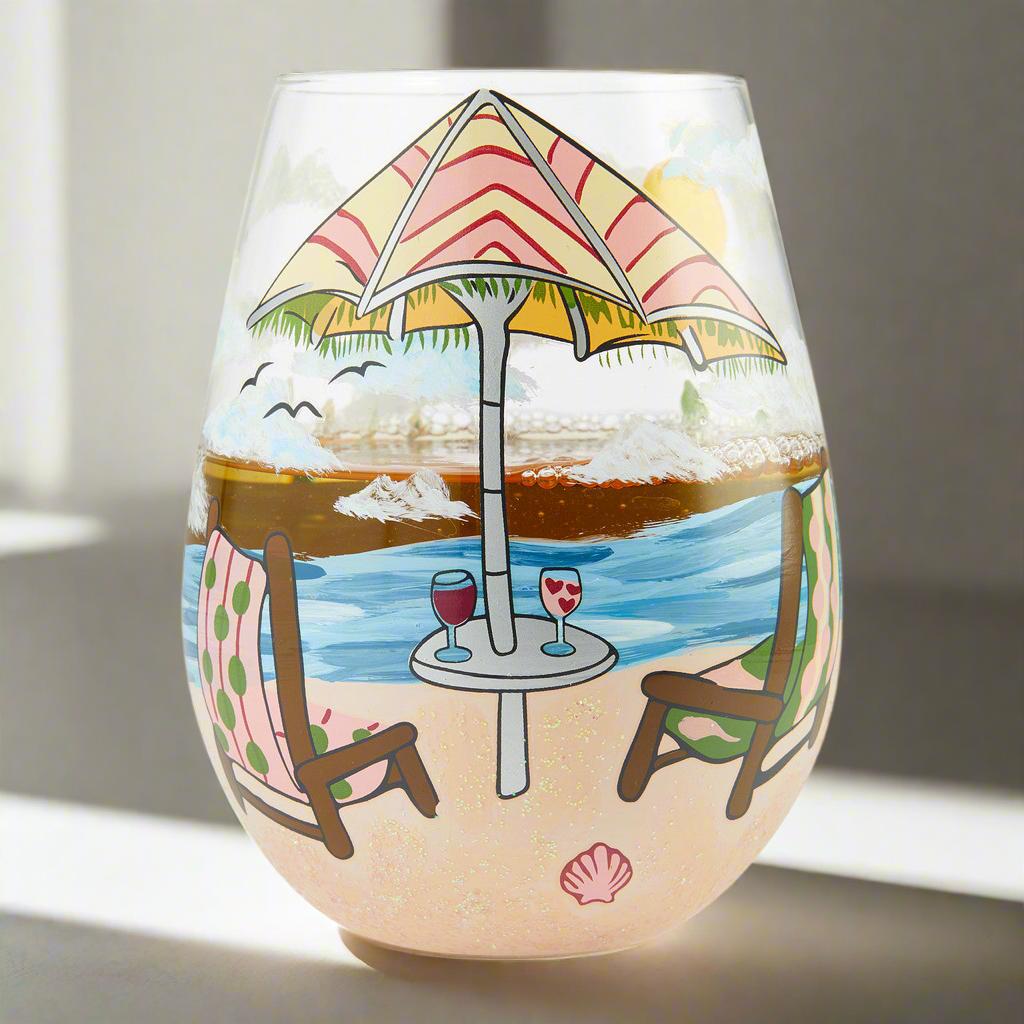 Stemless "Beach Please" Wine Glass- Lolita -Hand-Painted