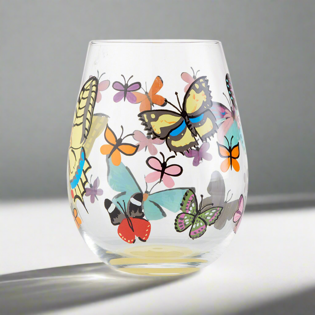 Stemless Butterfly Pavilion Wine Glass- Lolita -Hand-Painted