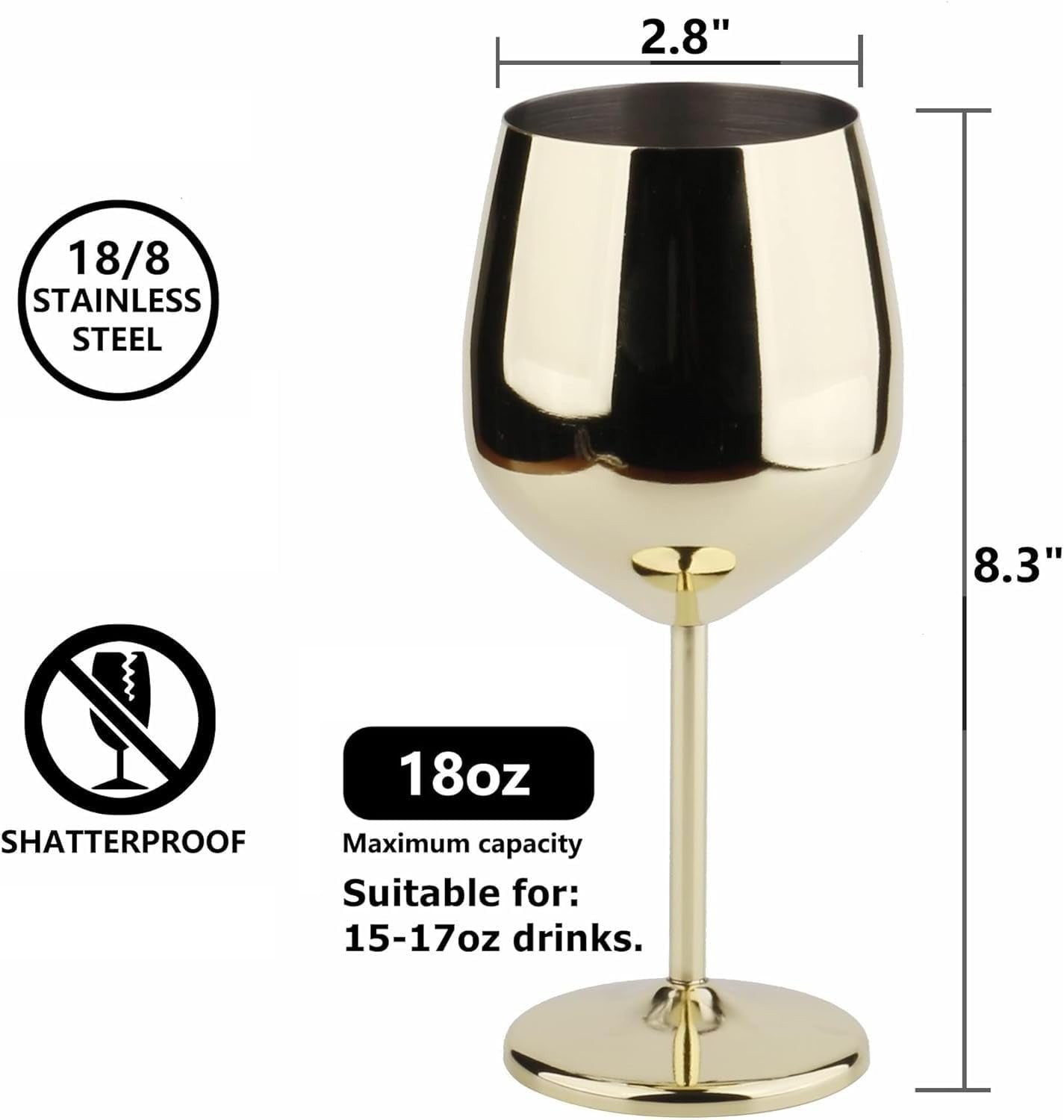 Stainless Steel Wine Glass 18Oz - Set of 2 Gold - 3.6" D X 8.3" H (851029)