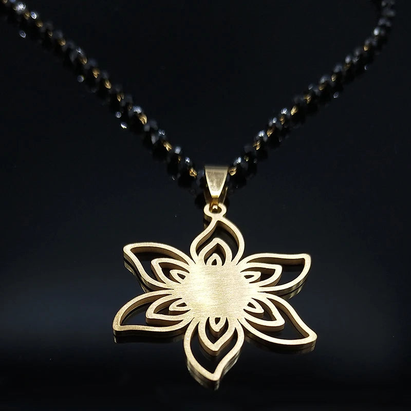 2023 Stainless Steel Gold Color Flower Necklace for Women Black Color Chain Necklace Jewerly Acero Inoxidable Joyeria N6358S03