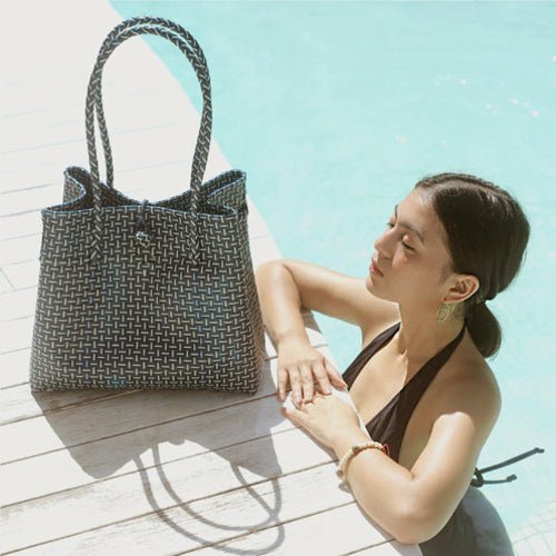 Toko Recycled Woven Tote Bag, in Navy - AroundTheWineCooler