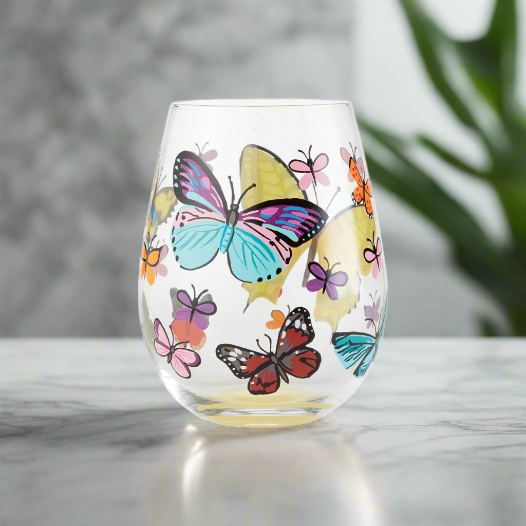 Stemless Butterfly Pavilion Wine Glass- Lolita -Hand-Painted