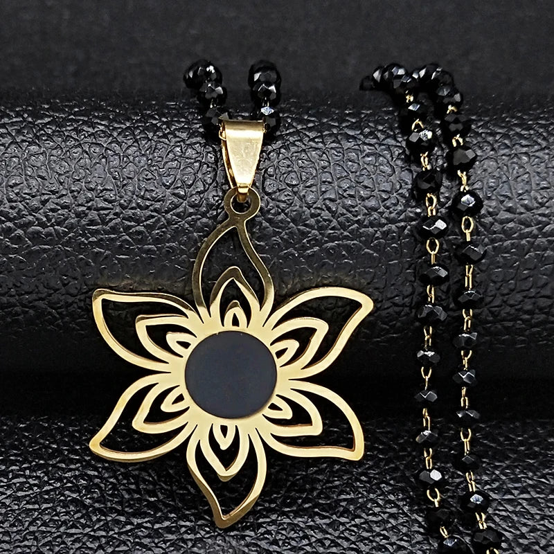 2023 Stainless Steel Gold Color Flower Necklace for Women Black Color Chain Necklace Jewerly Acero Inoxidable Joyeria N6358S03