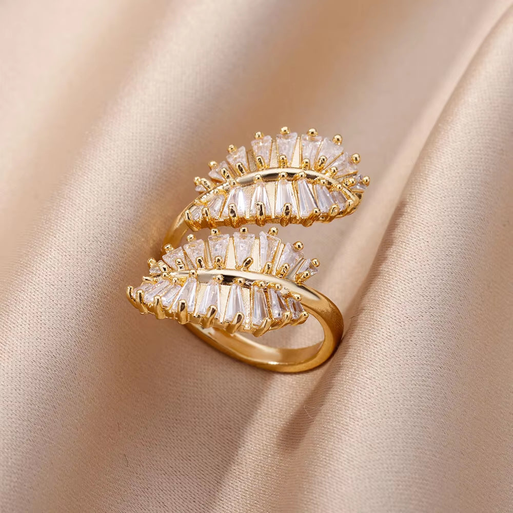 White Zircon Layered Leaf Rings for Women Adjustable Stainless Steel Gold Plated Plant Ring Fashion Aesthetic Wedding Jewerly