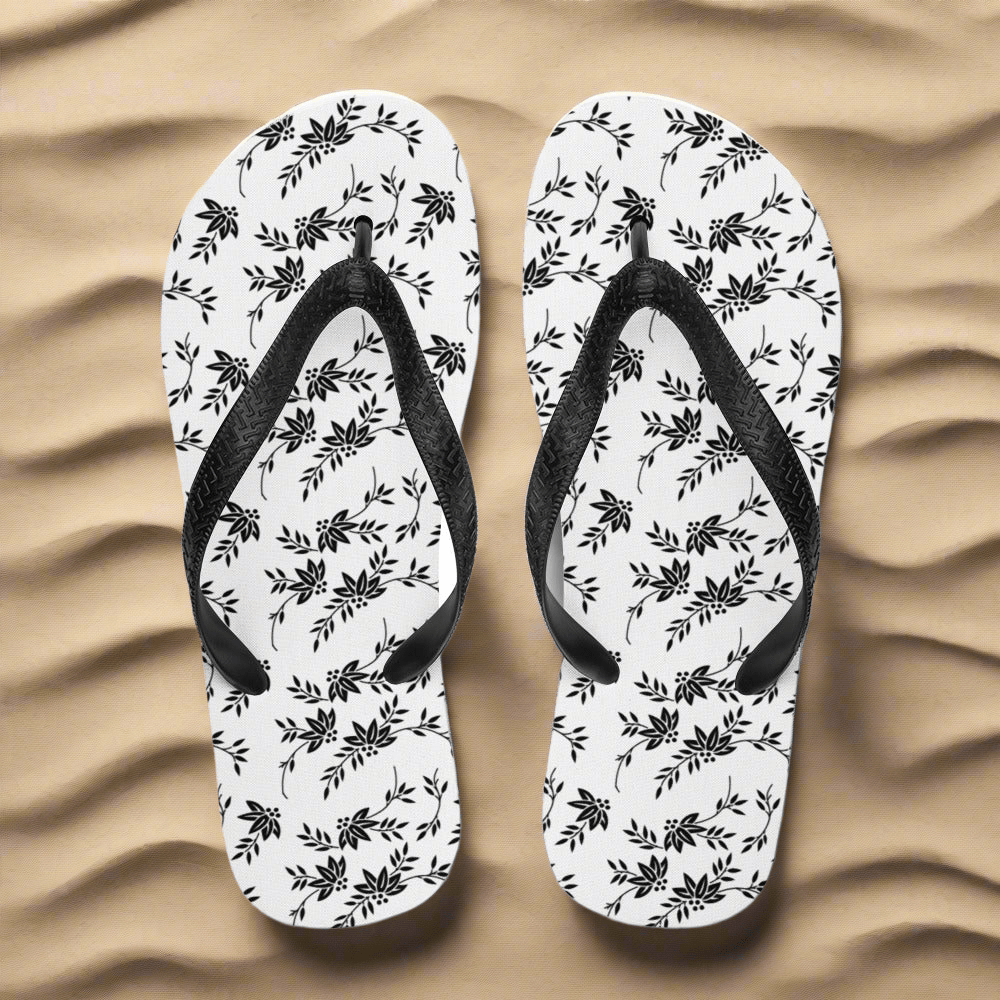 Black and White Floral Flip - Flops - AroundTheWineCooler