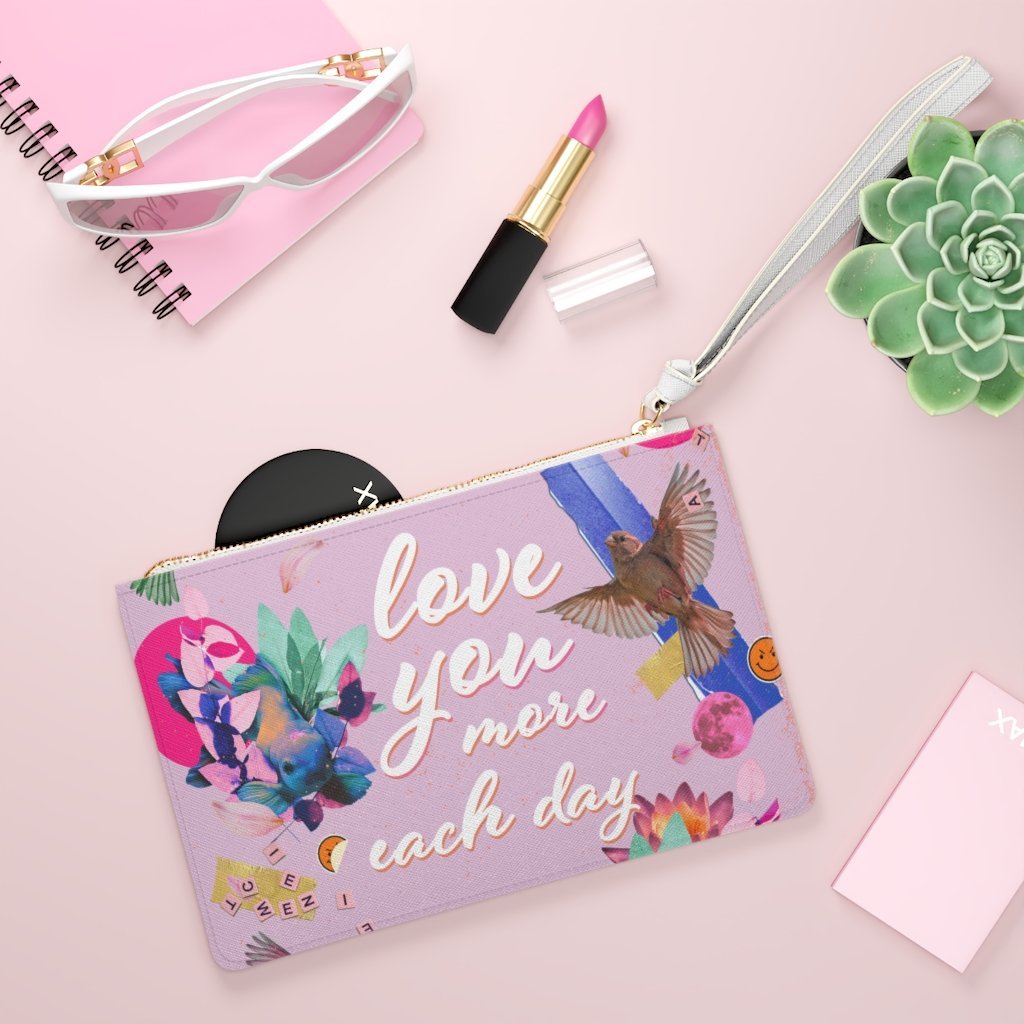 Love You More Each Day Floral Designed Zipped Clutch Bag - AroundTheWineCooler