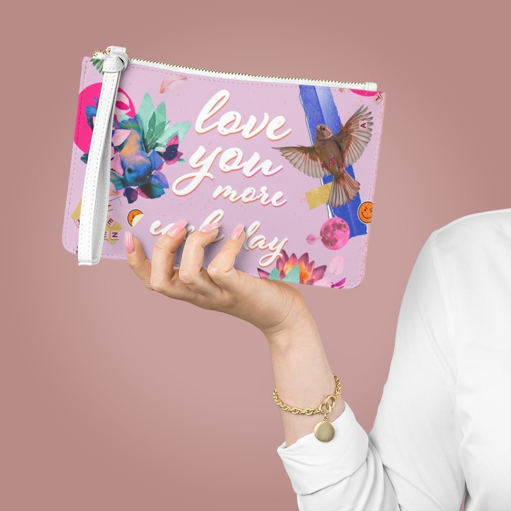 Love You More Each Day Floral Designed Zipped Clutch Bag - AroundTheWineCooler