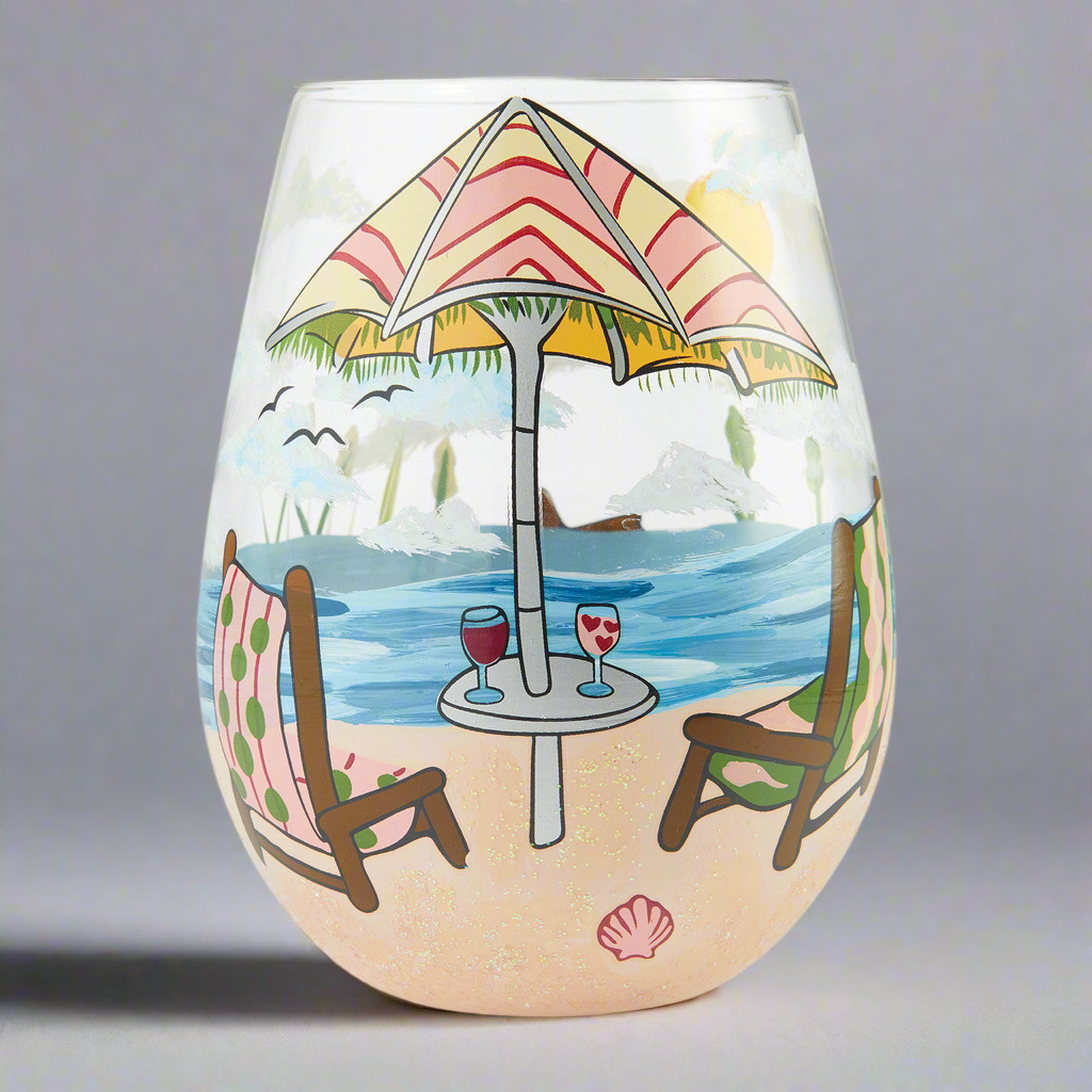 Stemless "Beach Please" Wine Glass- Lolita -Hand-Painted