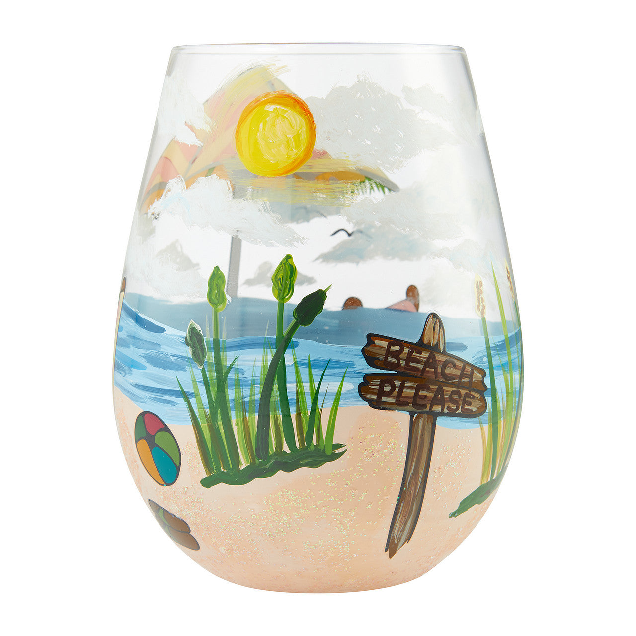 Stemless "Beach Please" Wine Glass- Lolita -Hand-Painted