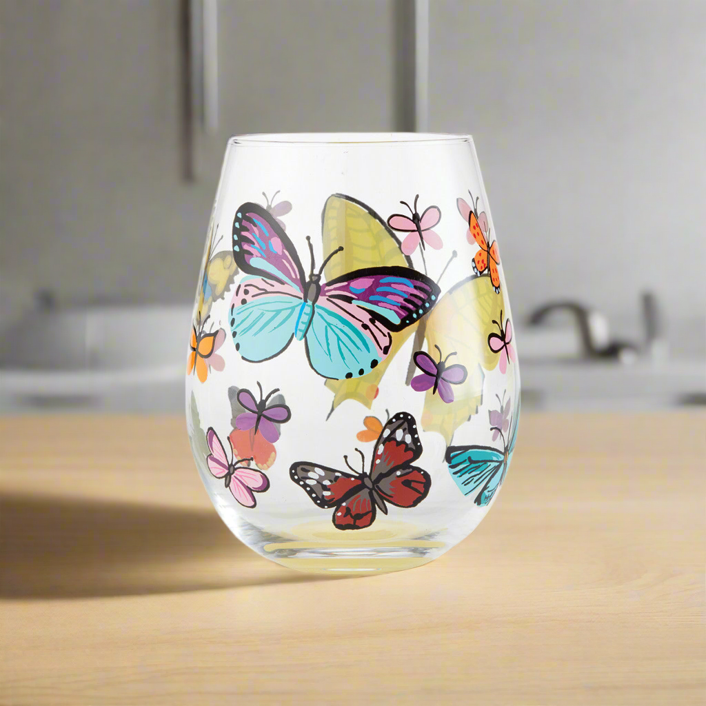 Stemless Butterfly Pavilion Wine Glass- Lolita -Hand-Painted