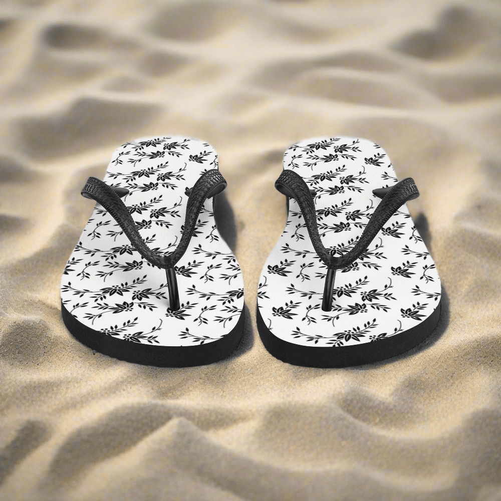 Black and White Floral Flip - Flops - AroundTheWineCooler