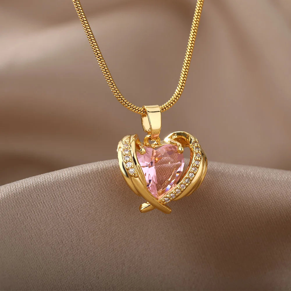 Bohemia Pink Cubic Zirconia Necklace for Women Stainless Steel Heart Wings Pendant Necklaces Crystal Choker Couple Jewerly Gift