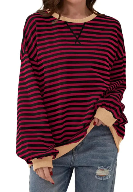 Loose Striped Long Sleeve T-shirt Casual Pullover Sweater For Womens Clothing