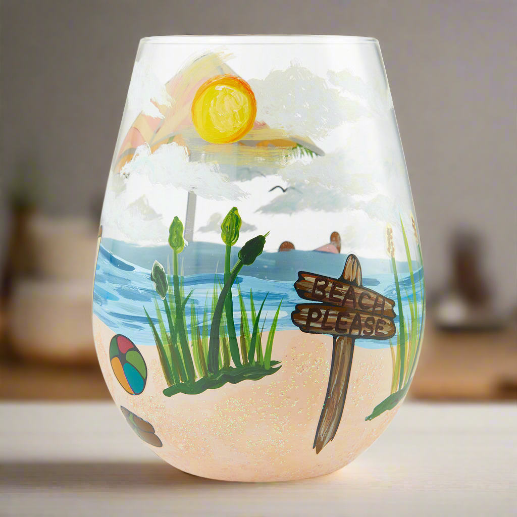 Stemless "Beach Please" Wine Glass- Lolita -Hand-Painted