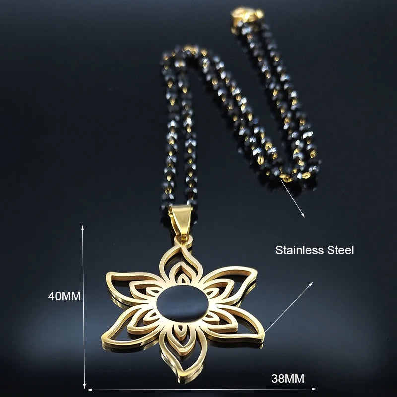 2023 Stainless Steel Gold Color Flower Necklace for Women Black Color Chain Necklace Jewerly Acero Inoxidable Joyeria N6358S03