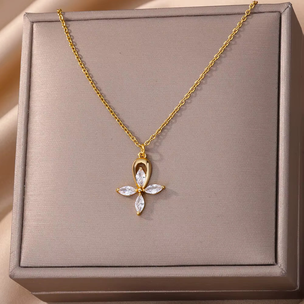 Four Leaf Clover Pendant Necklace for Women Zircon Stainless Steel Cross Necklaces New Couple Wedding Aesthetic Jewerly Collares