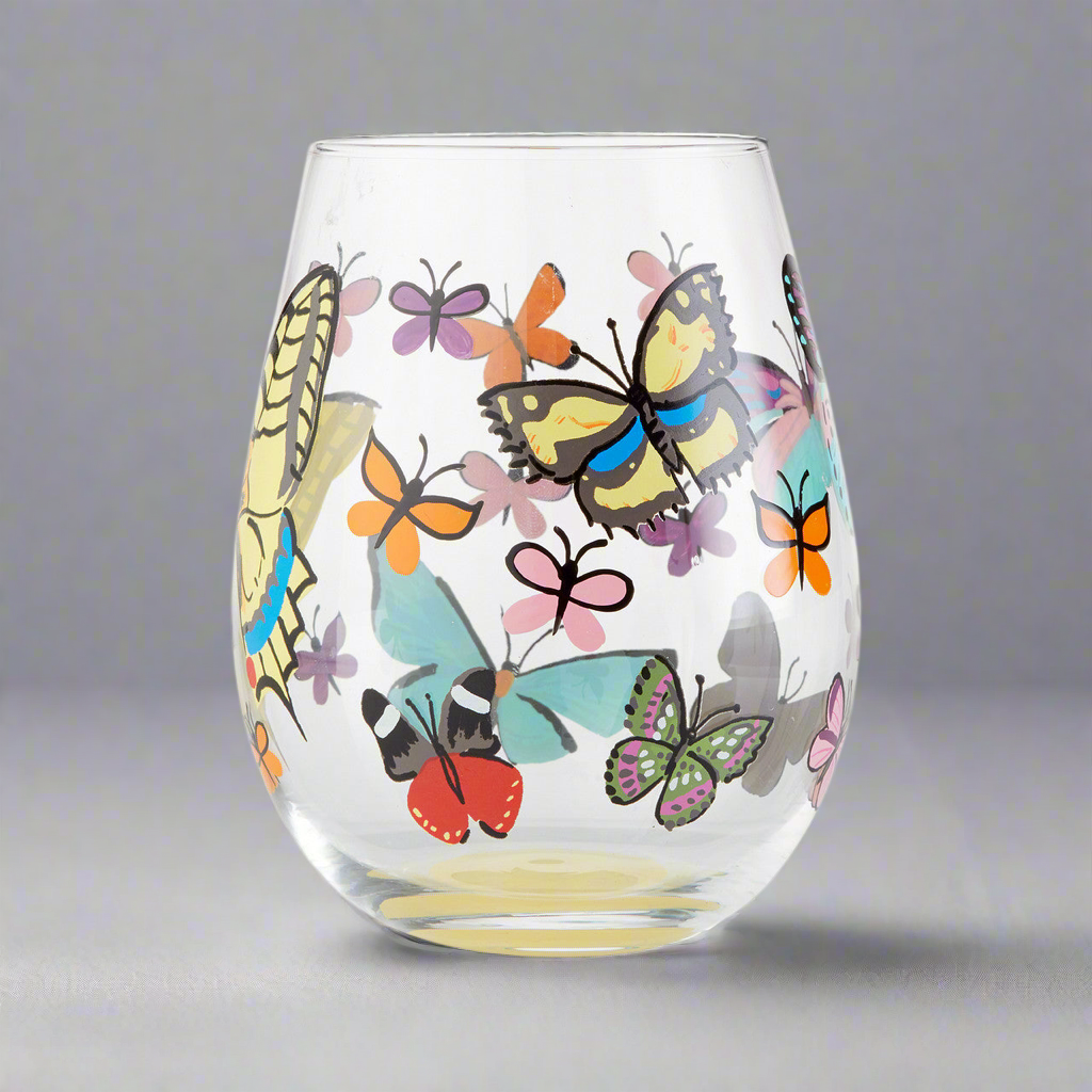 Stemless Butterfly Pavilion Wine Glass- Lolita -Hand-Painted