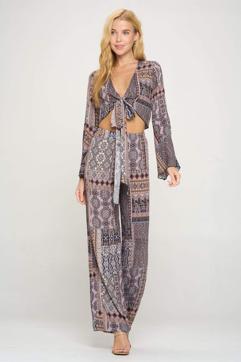 Boho Chic Bell Sleeve Crop Top and Wide Leg Pant Set - AroundTheWineCooler