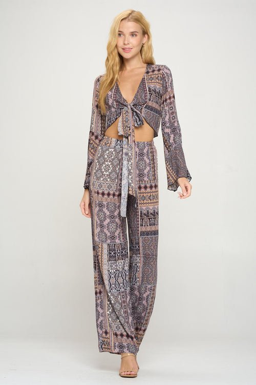 Boho Chic Bell Sleeve Crop Top and Wide Leg Pant Set - AroundTheWineCooler