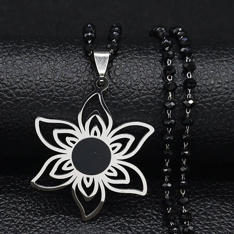 2023 Stainless Steel Gold Color Flower Necklace for Women Black Color Chain Necklace Jewerly Acero Inoxidable Joyeria N6358S03