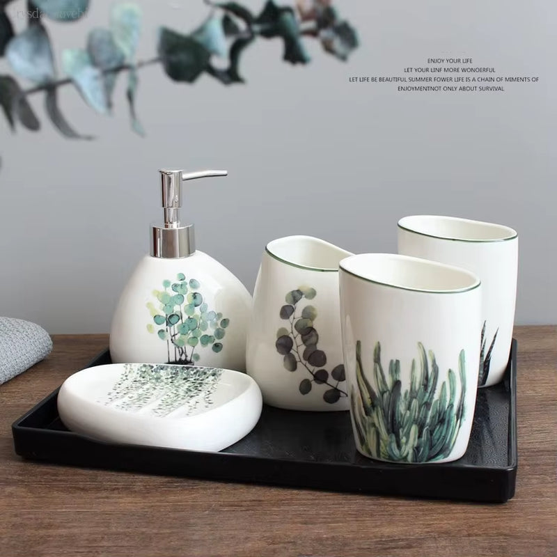 Nordic Green Plants Ceramic Bathroom Products Wedding Bath Set Ceramic Bathroom Accessories Melamine Tray Christmas