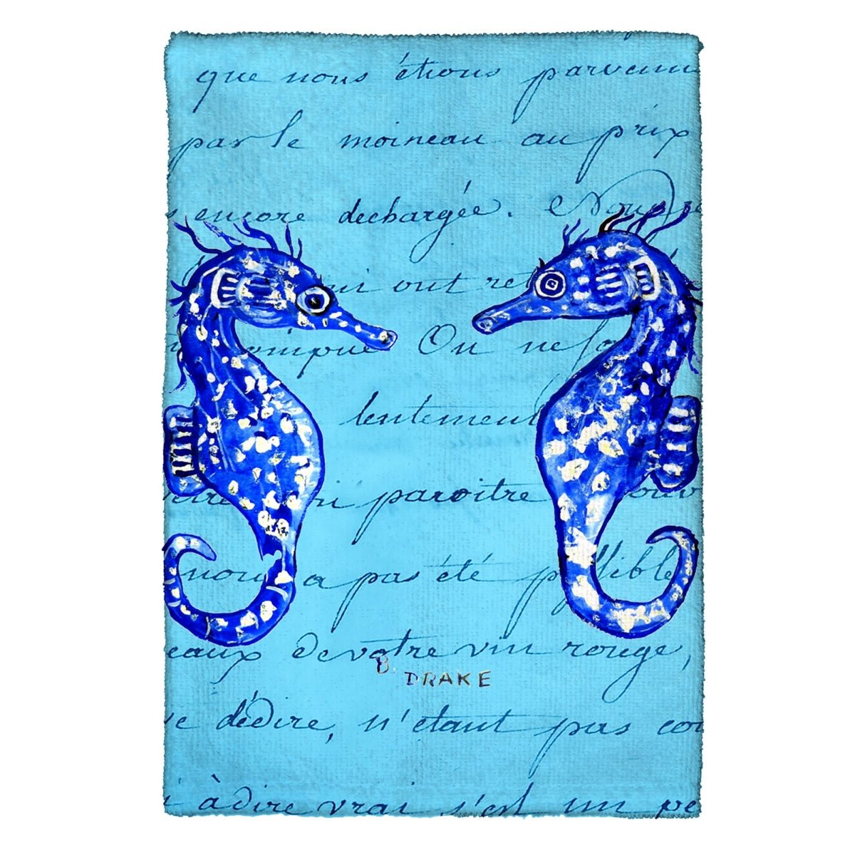 Betsy Drake KT345 Blue Sea Horses Kitchen Towel - AroundTheWineCooler