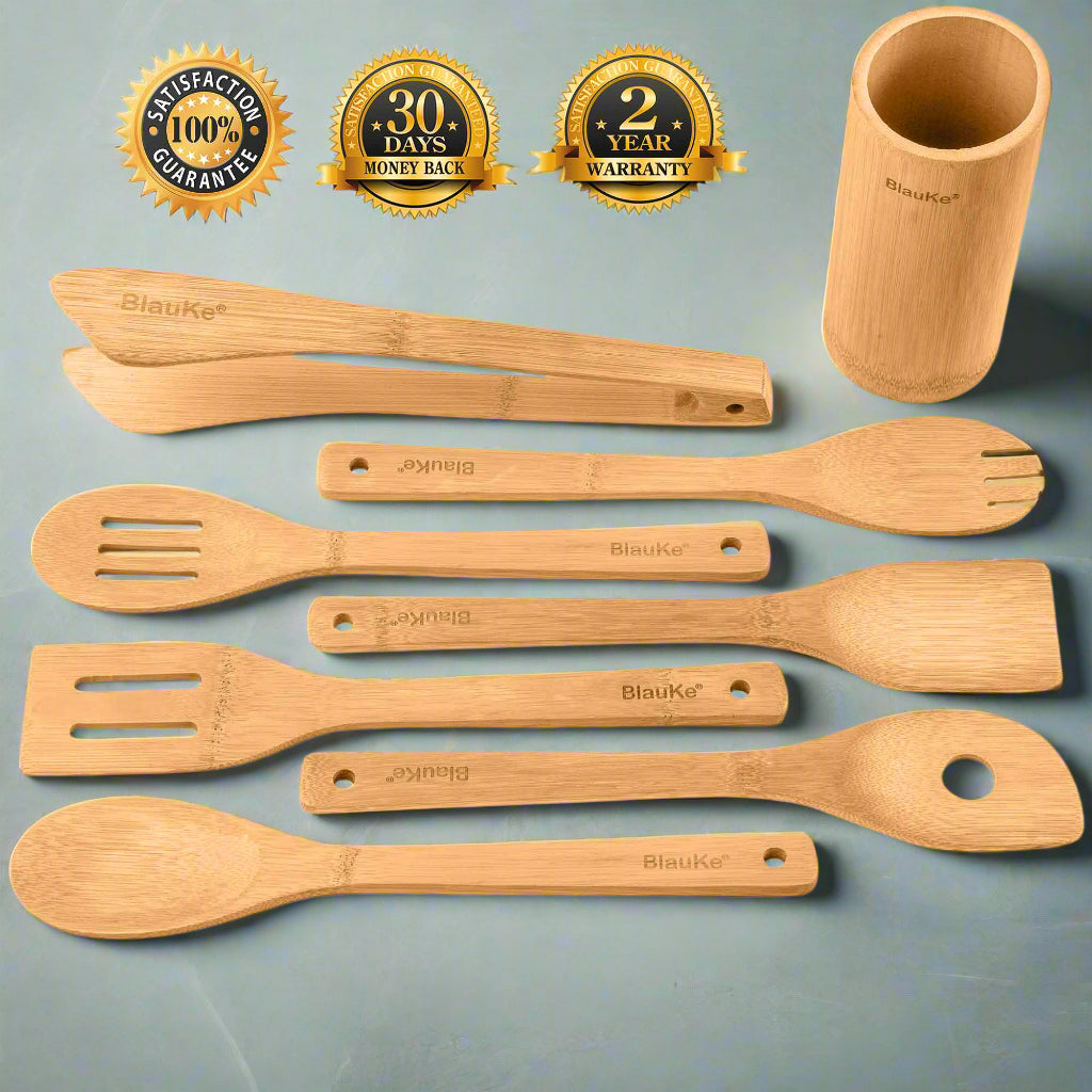 Bamboo Kitchen Utensils Set 8 - Pack - Wooden Cooking Utensils - AroundTheWineCooler