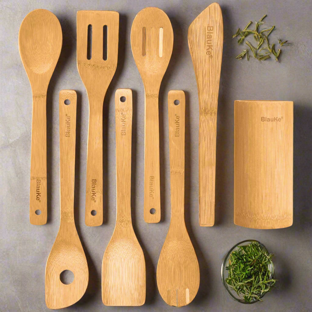 Bamboo Kitchen Utensils Set 8 - Pack - Wooden Cooking Utensils - AroundTheWineCooler