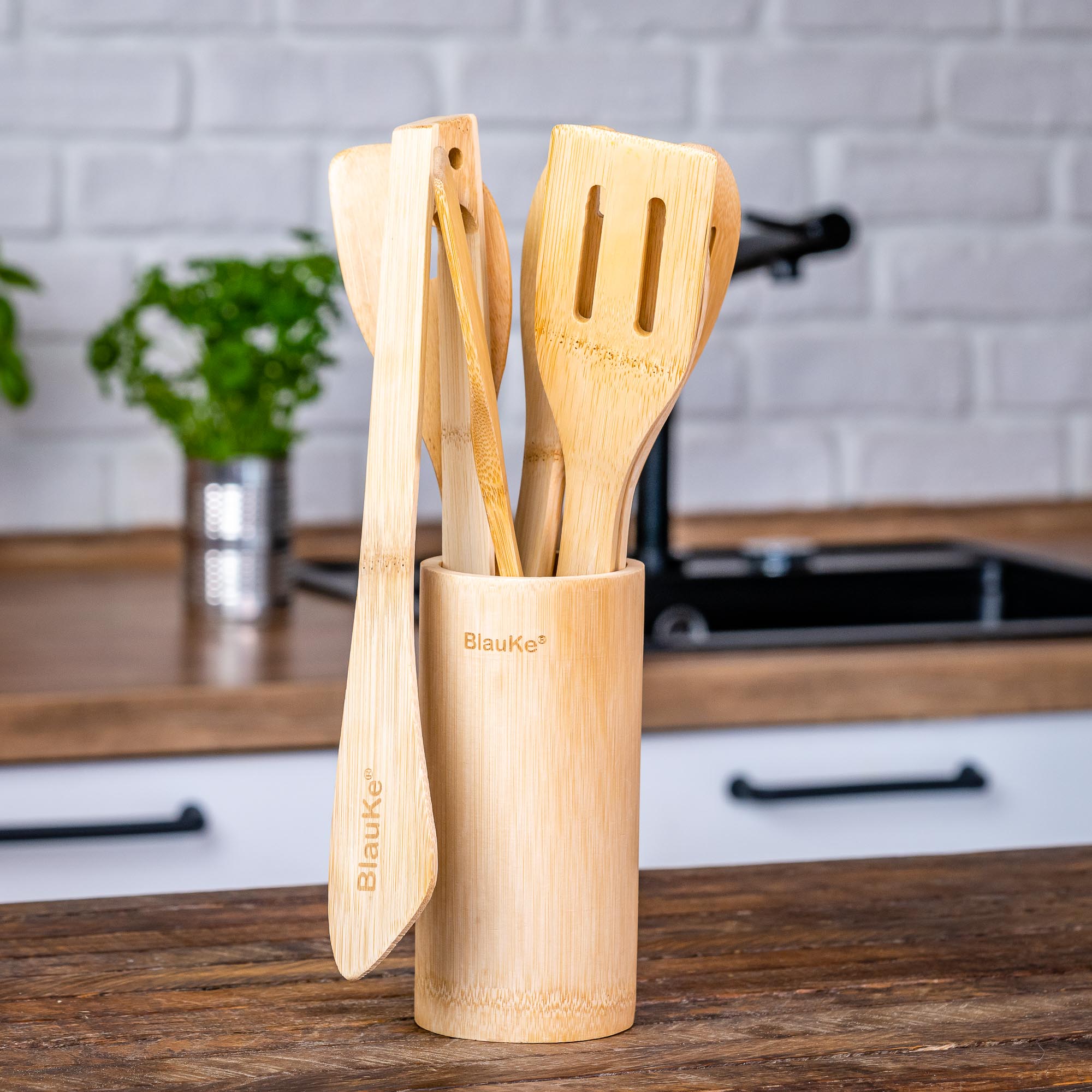 Bamboo Kitchen Utensils Set 8 - Pack - Wooden Cooking Utensils - AroundTheWineCooler