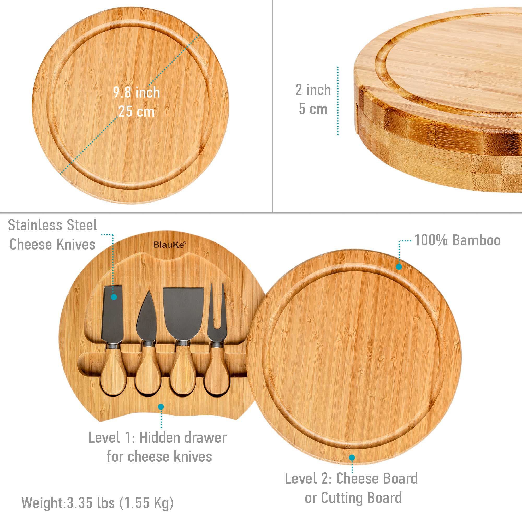 Bamboo Cheese Board and Knife Set - 10 Inch Charcuterie Board