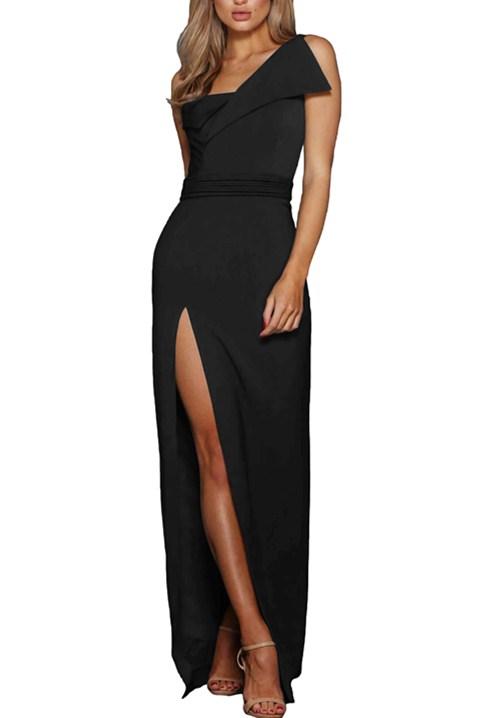 Black Asymmetric One Shoulder Floor Length Party Slit Dress - AroundTheWineCooler