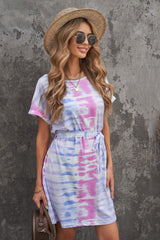 Casual Short Sleeve Family Matching Mom Multicolor Tie - dye Mini Dress - AroundTheWineCooler