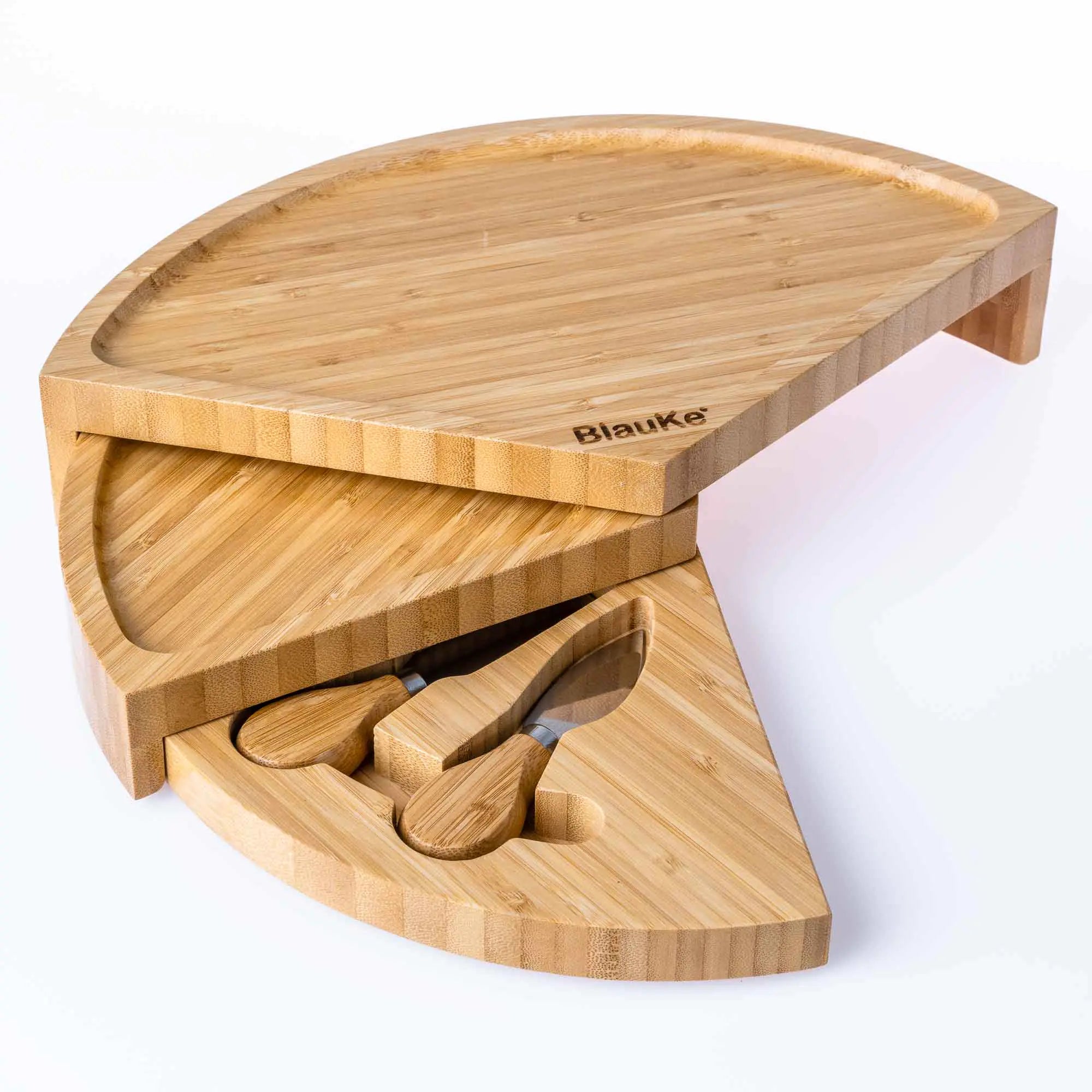 Bamboo Cheese Board and Knife Set - 14 Inch Swiveling Charcuterie Board with Slide - Out Drawer - Cheese Serving Platter, Round Serving Tray - AroundTheWineCooler