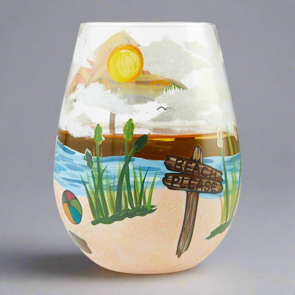 Stemless "Beach Please" Wine Glass- Lolita -Hand-Painted