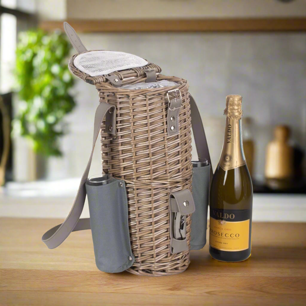 Single Bottle Wicker 2 Champagne Glass Carrier With Shoulder Strap - AroundTheWineCooler