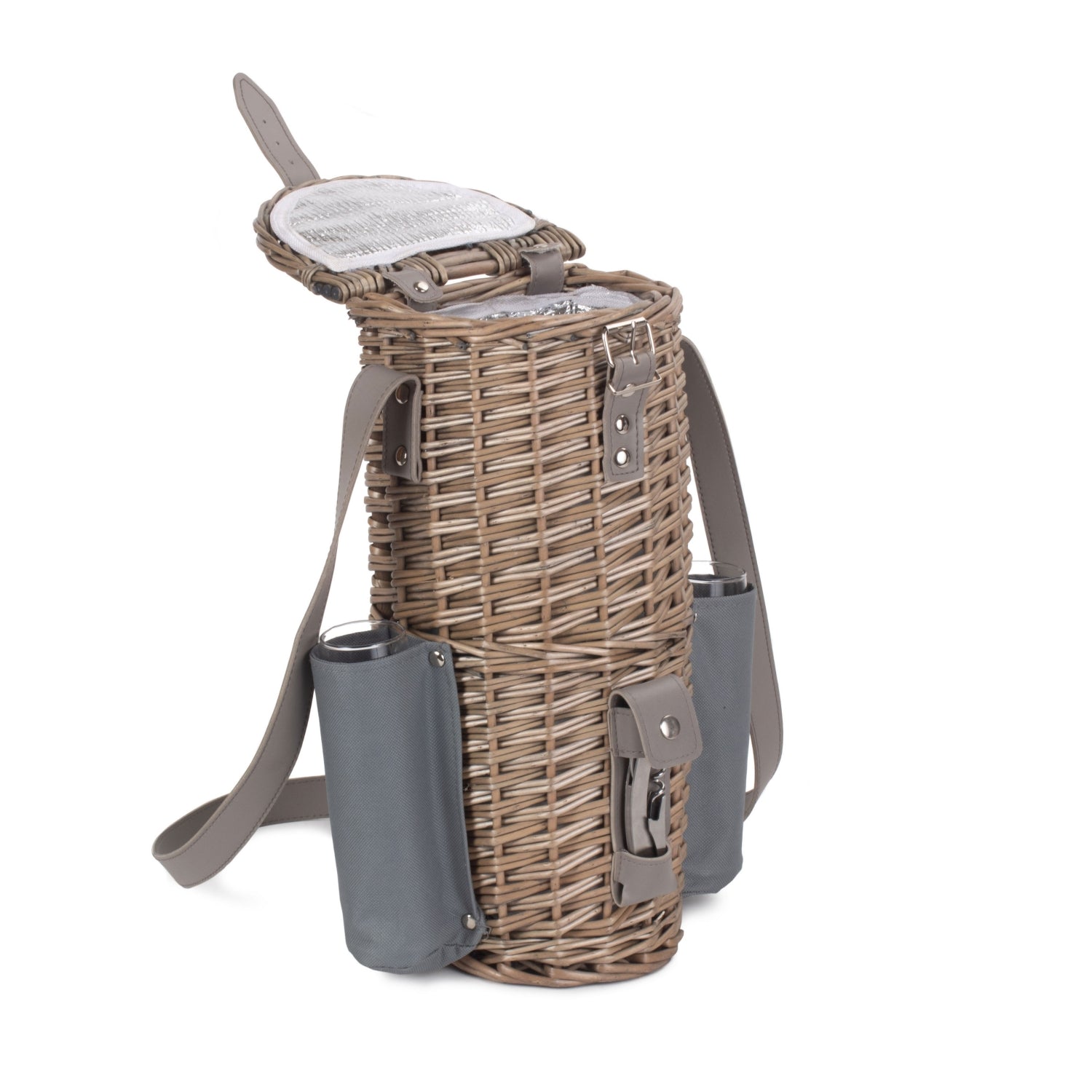 Single Bottle Wicker 2 Champagne Glass Carrier With Shoulder Strap - AroundTheWineCooler