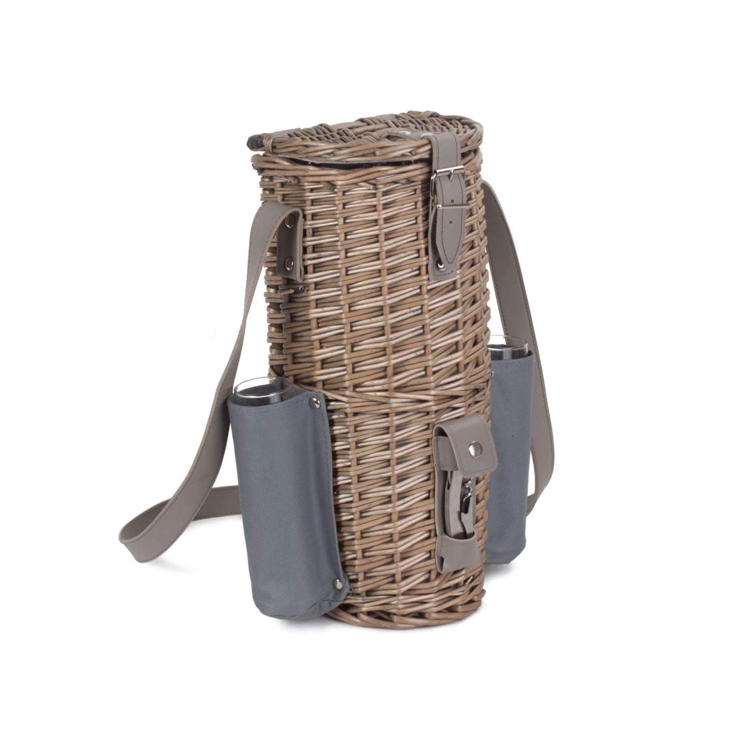 Single Bottle Wicker 2 Champagne Glass Carrier With Shoulder Strap - AroundTheWineCooler