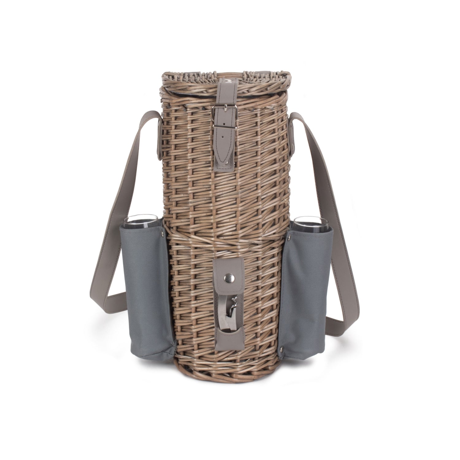 Single Bottle Wicker 2 Champagne Glass Carrier With Shoulder Strap - AroundTheWineCooler