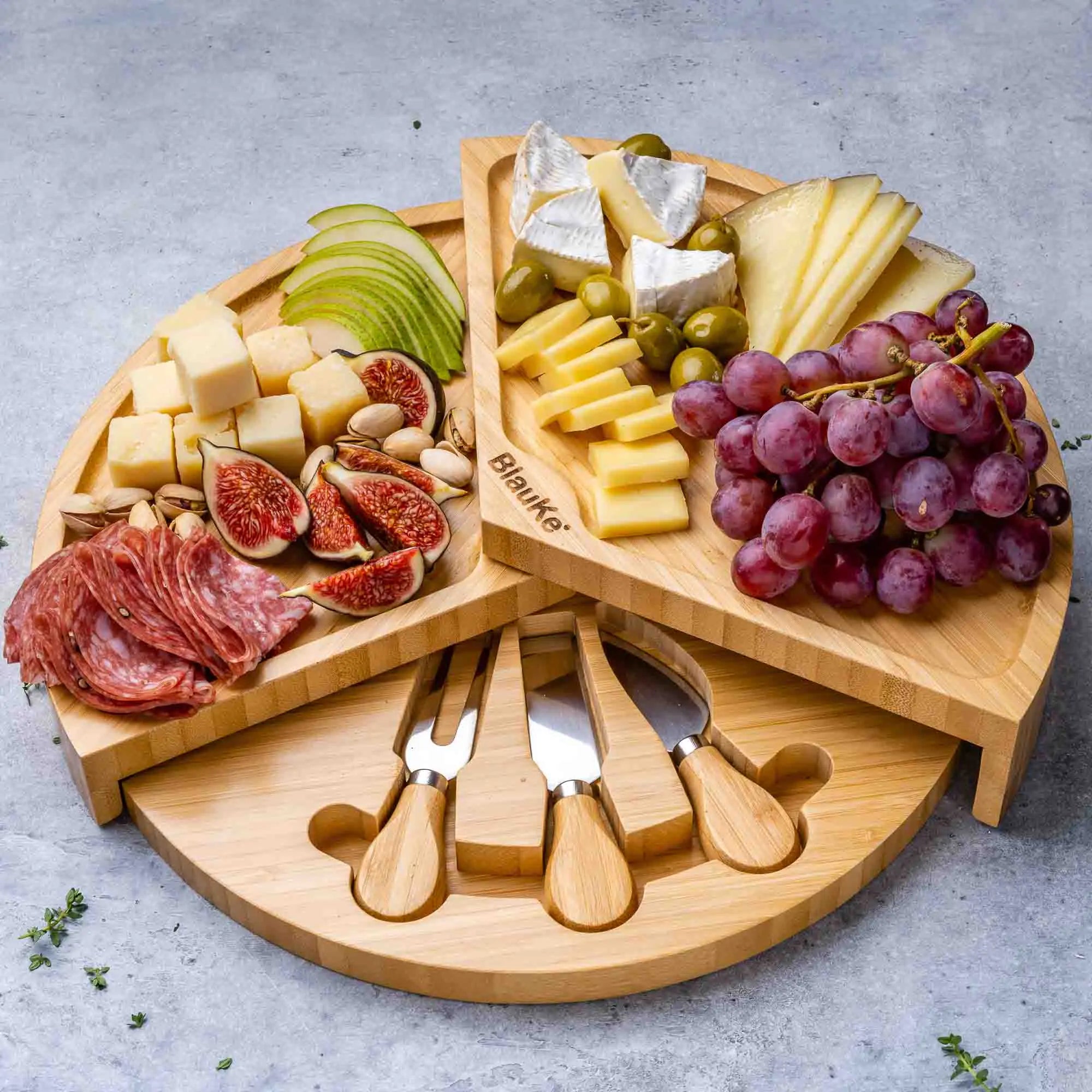 Bamboo Cheese Board and Knife Set - 14 Inch Swiveling Charcuterie Board with Slide - Out Drawer - Cheese Serving Platter, Round Serving Tray - AroundTheWineCooler