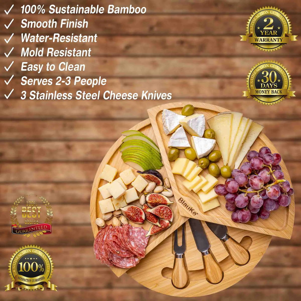 Bamboo Cheese Board and Knife Set - 14 Inch Swiveling Charcuterie Board with Slide - Out Drawer - Cheese Serving Platter, Round Serving Tray - AroundTheWineCooler
