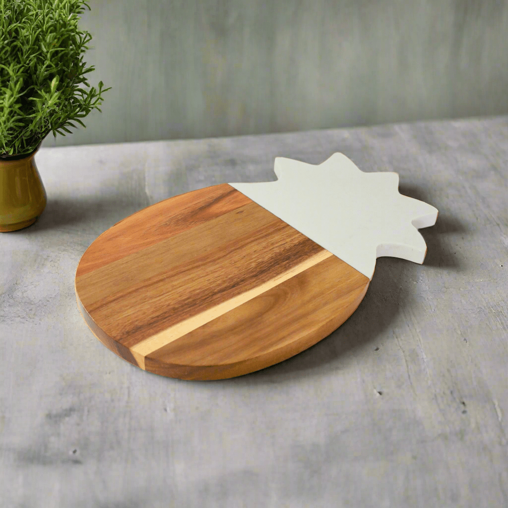 White Marble and Acacia Wood Pineapple Board - AroundTheWineCooler
