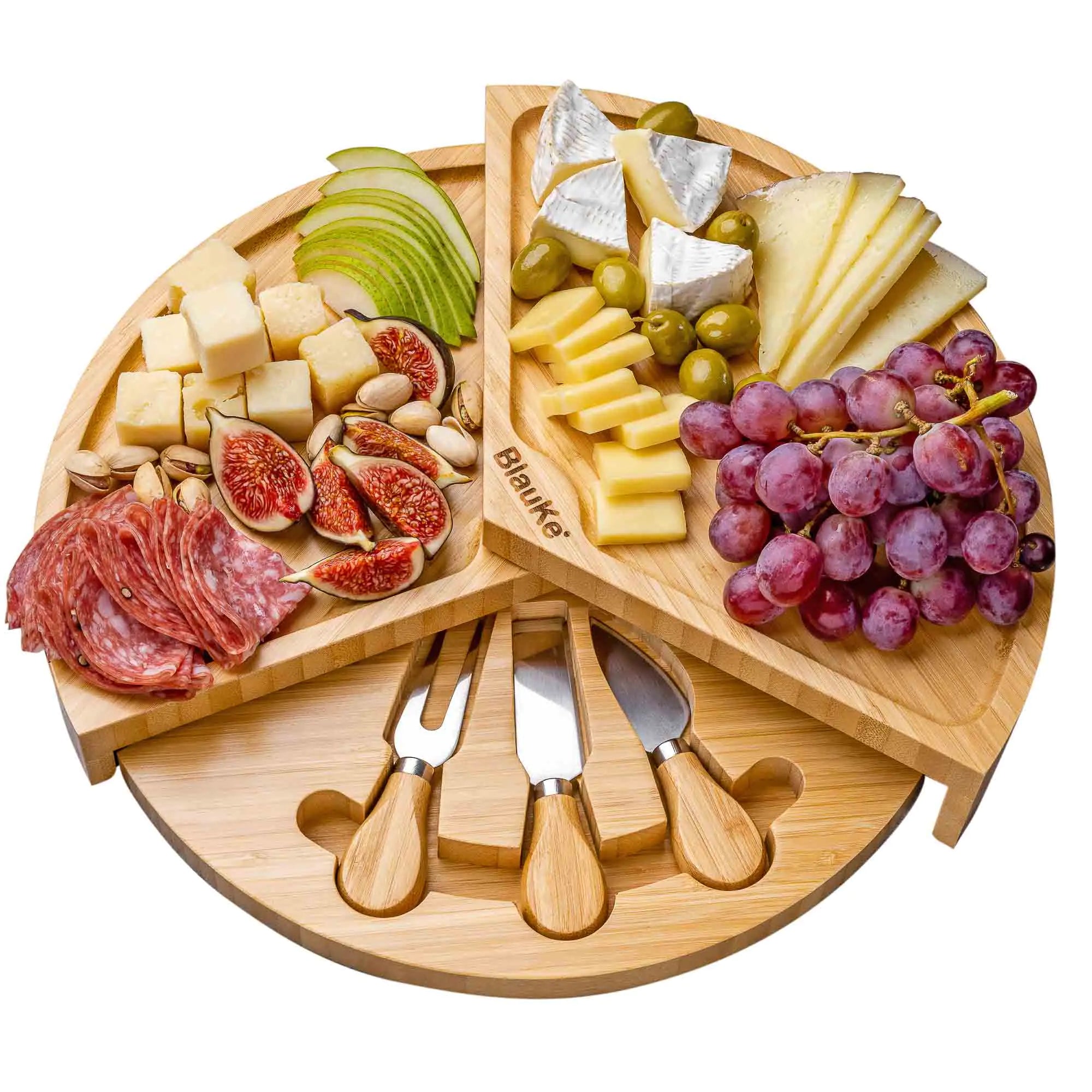 Bamboo Cheese Board and Knife Set - 14 Inch Swiveling Charcuterie Board with Slide - Out Drawer - Cheese Serving Platter, Round Serving Tray - AroundTheWineCooler