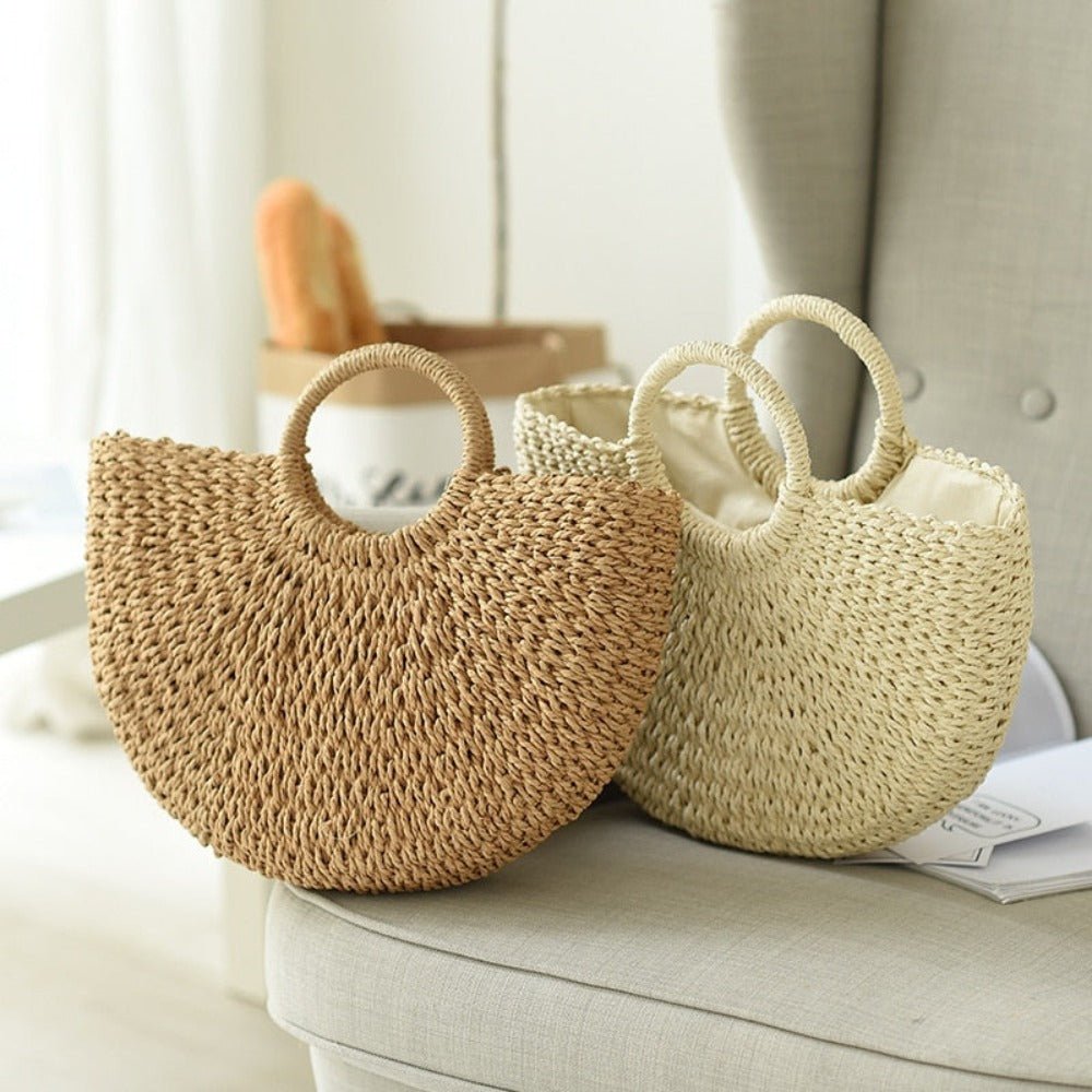 Summer Top Handle Semi Circle Straw Bag - AroundTheWineCooler