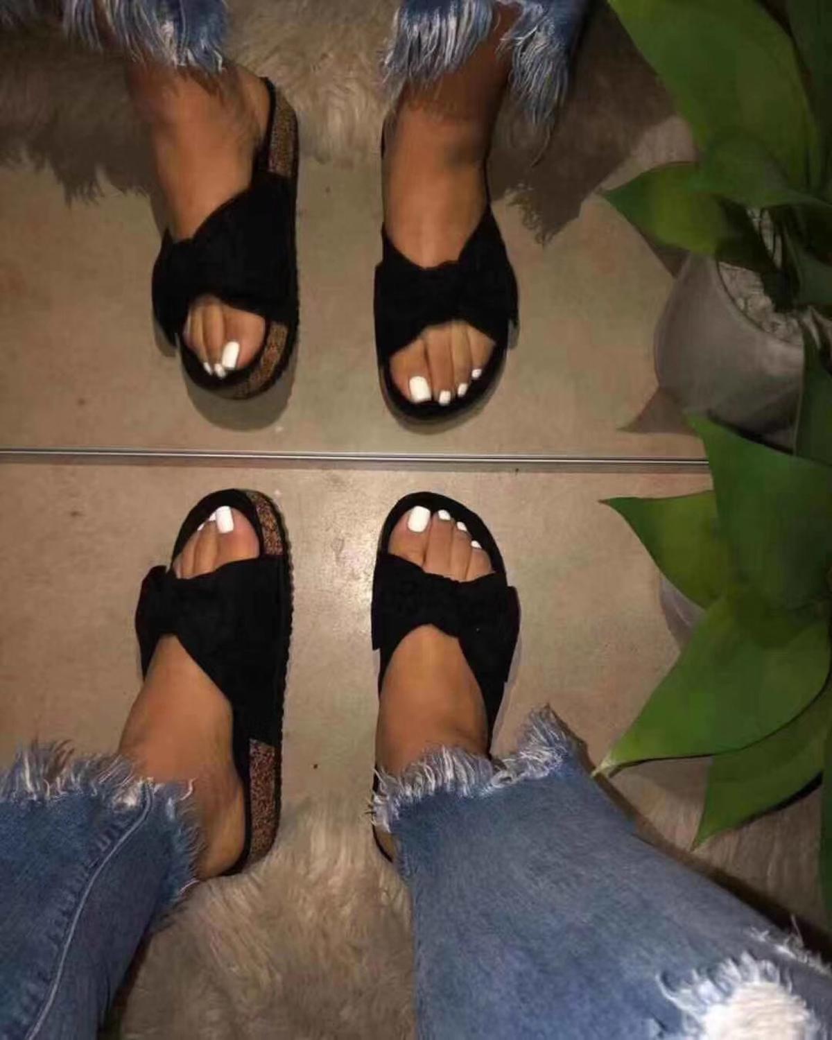 Women Slides 1 Straps Comfy Bow Slide Sandals Black - AroundTheWineCooler