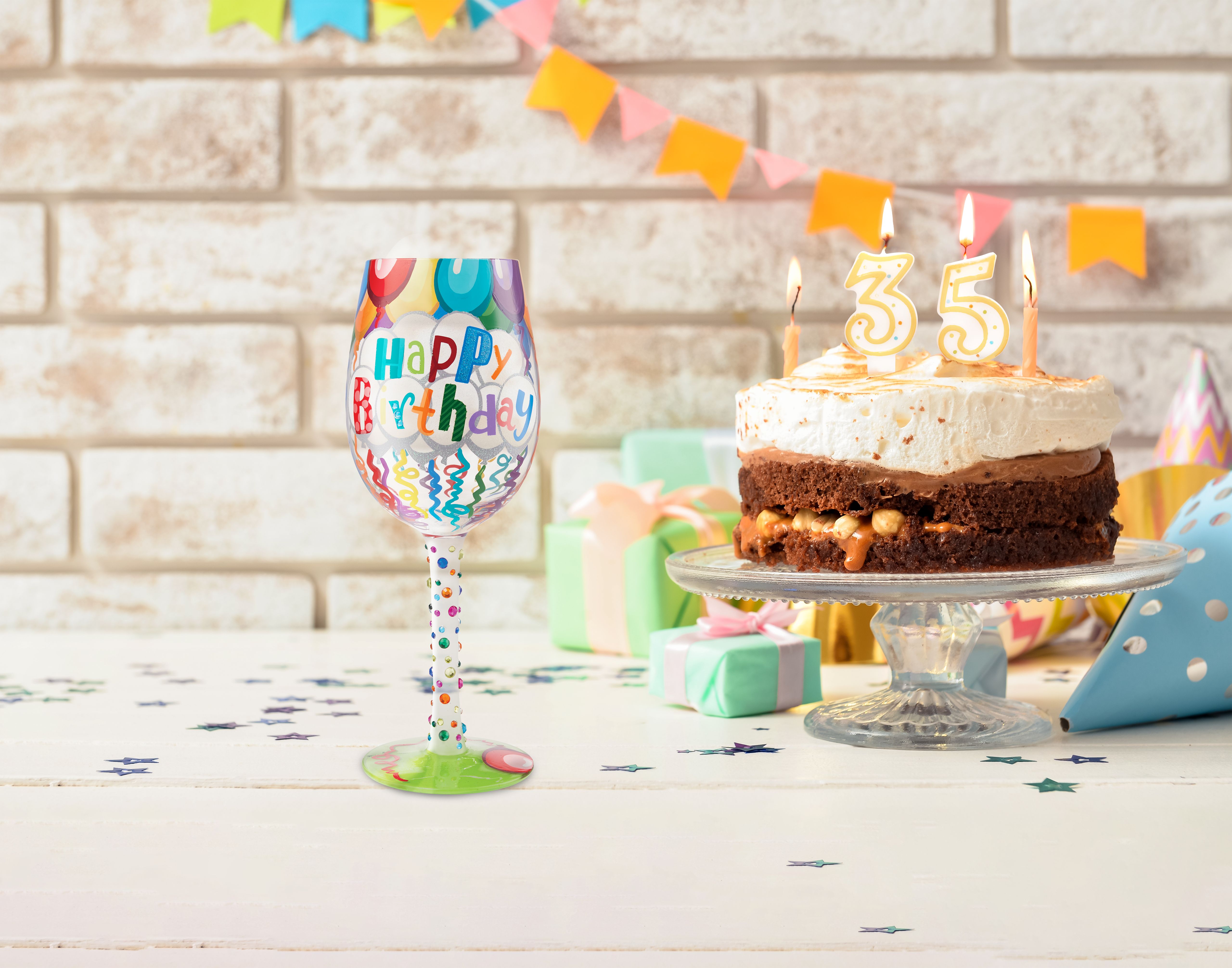 Wine Glass Birthday Streamers Lolita -Hand-Painted