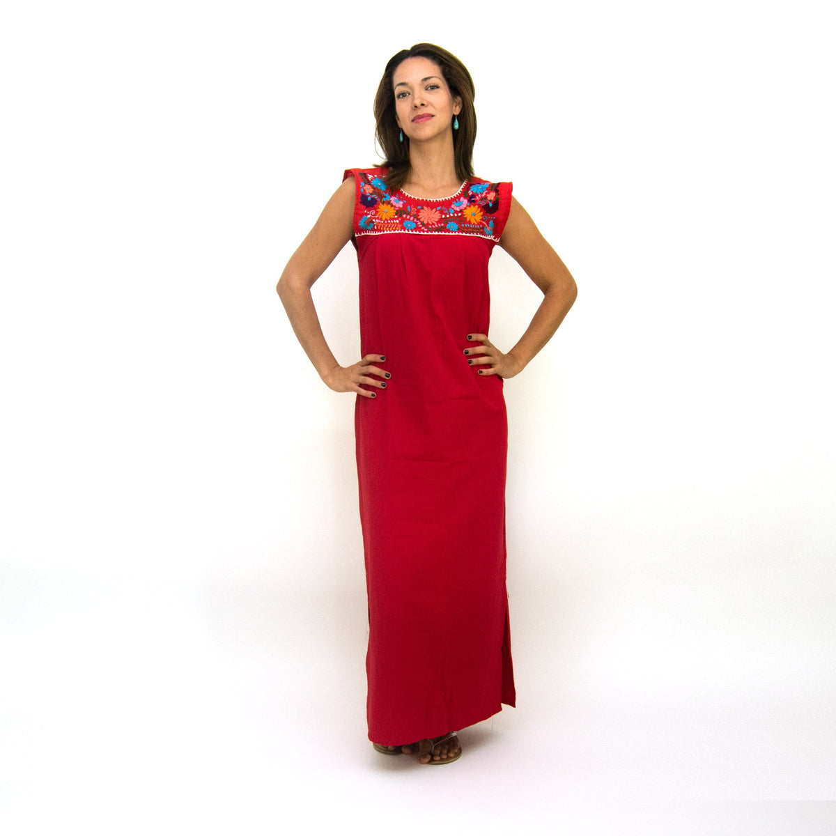 Maxi Isidra, Folk Dress with Embroidered Flowers - AroundTheWineCooler