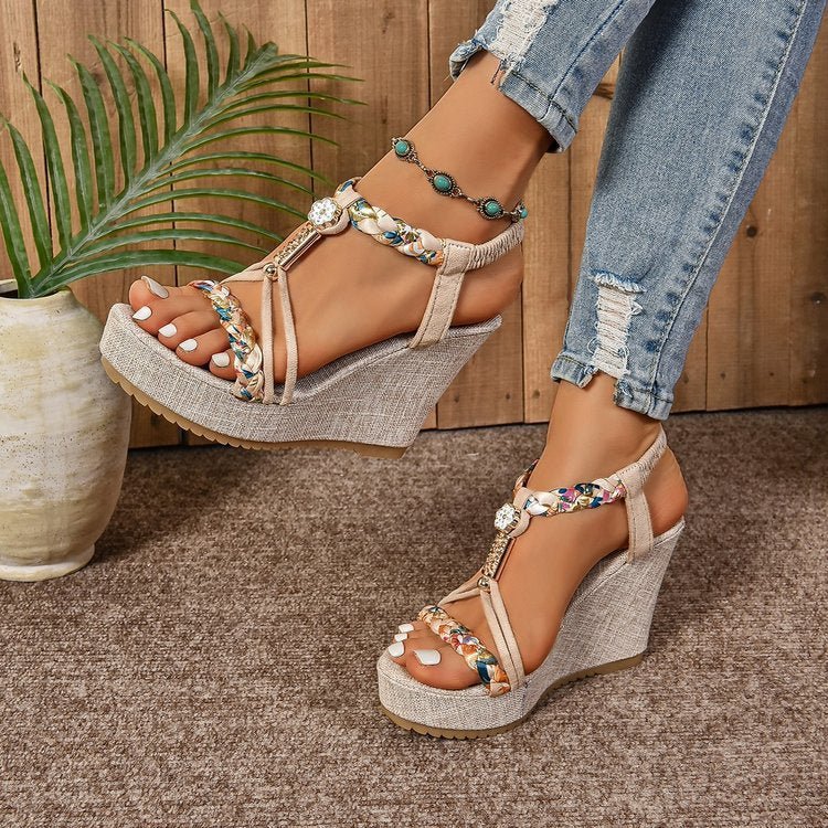25 Edition – Rhinestone Hemp Wedge Sandals - AroundTheWineCooler