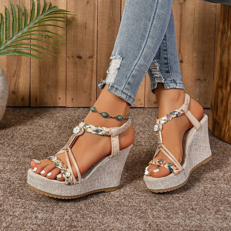 25 Edition – Rhinestone Hemp Wedge Sandals - AroundTheWineCooler